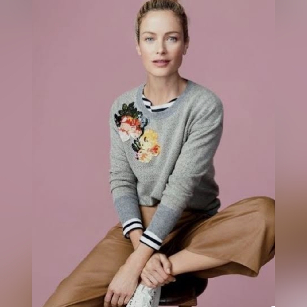 J Crew Collection | Embroidered Herringbone Cashmere Wool Sweater - Sz XS